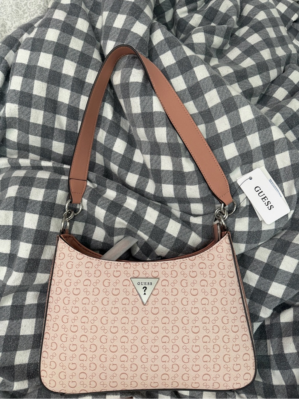GUESS Blush Pink Logo-Print Shoulder Bag with Tan Strap